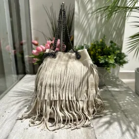 Borsa a Secchiello con Frange Offwhite in Pelle Scamosciata