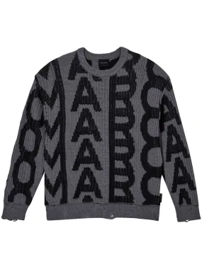 Maglione effetto vissuto con monogramma in nero e grigio - donna