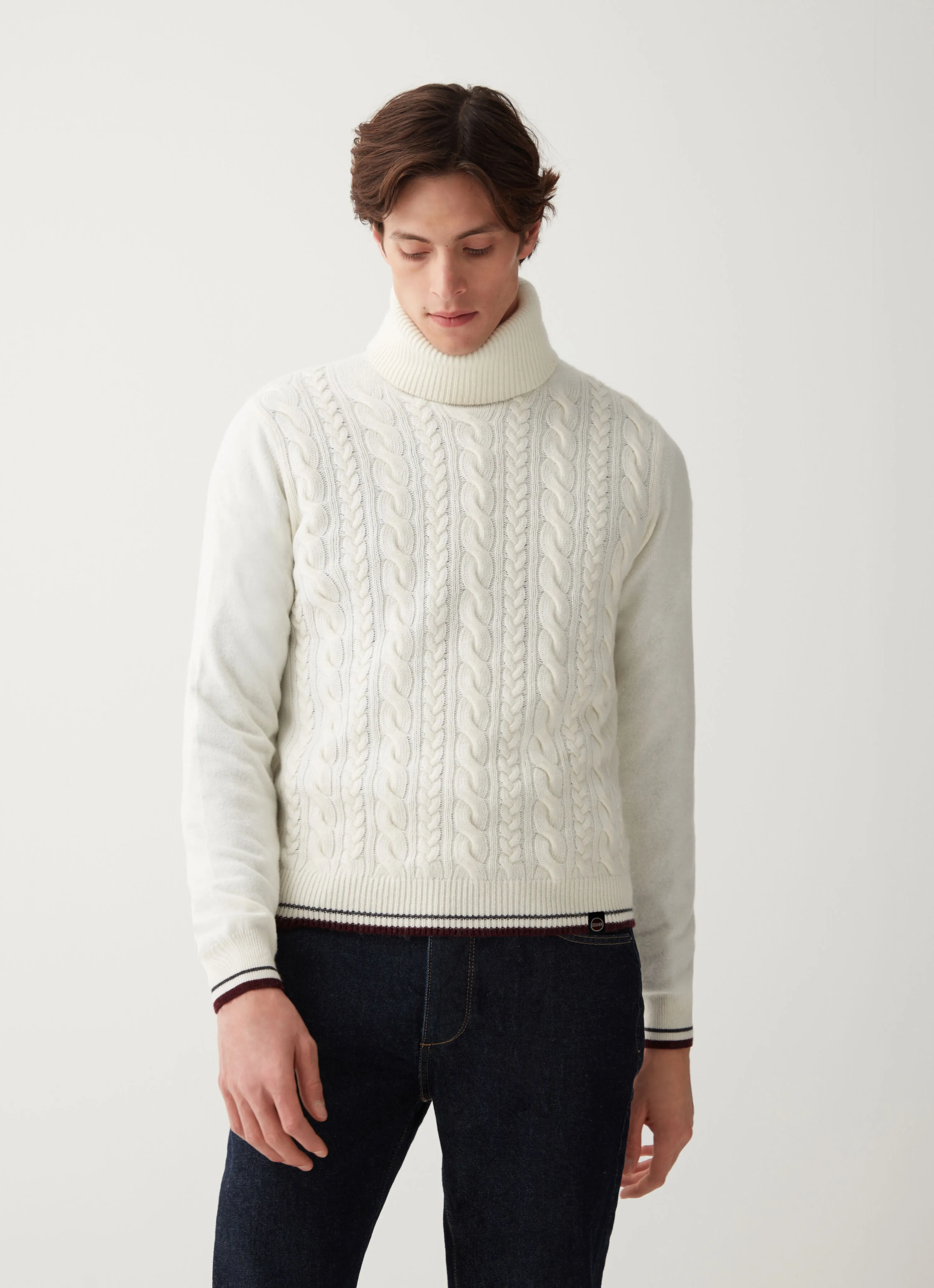Polo-neck cable-knit pullover