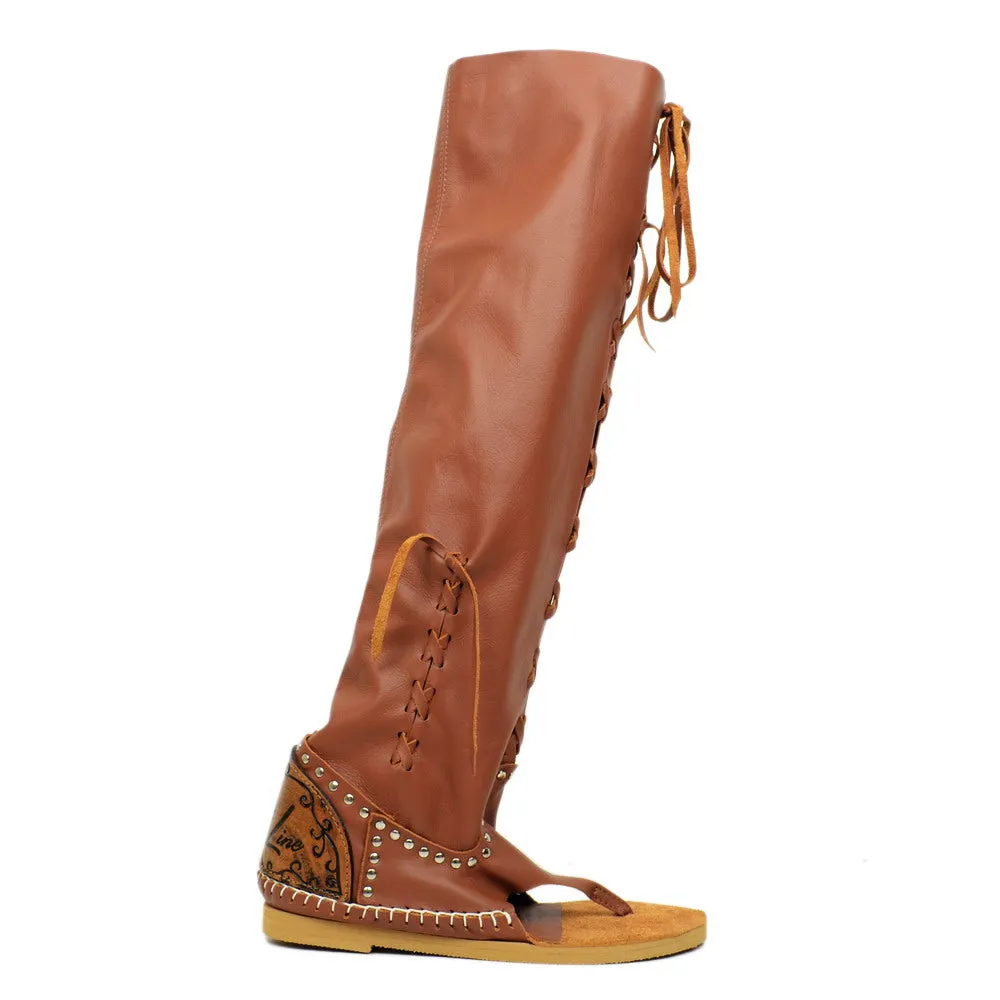Stivali Indianini Donna Infradito Cuoio con Lacci Made in Italy